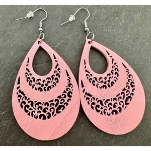Pink Stained Teardrop‎ Earrings Laser Cut Wood BOHO